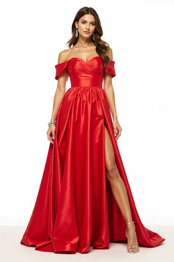 Off The Shoulder Ruched Red A Line Long Formal Dress With Slit